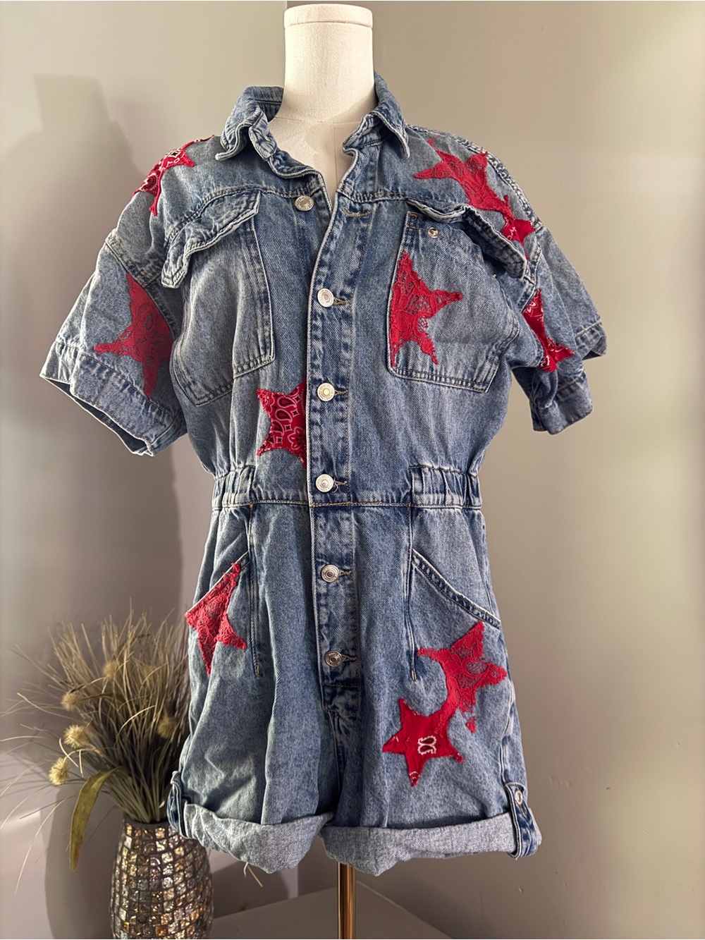 We The Free Denim Romper with Red Star Appliqués
